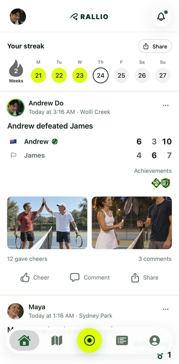 Rallio home feed with match photos, cheers and comments